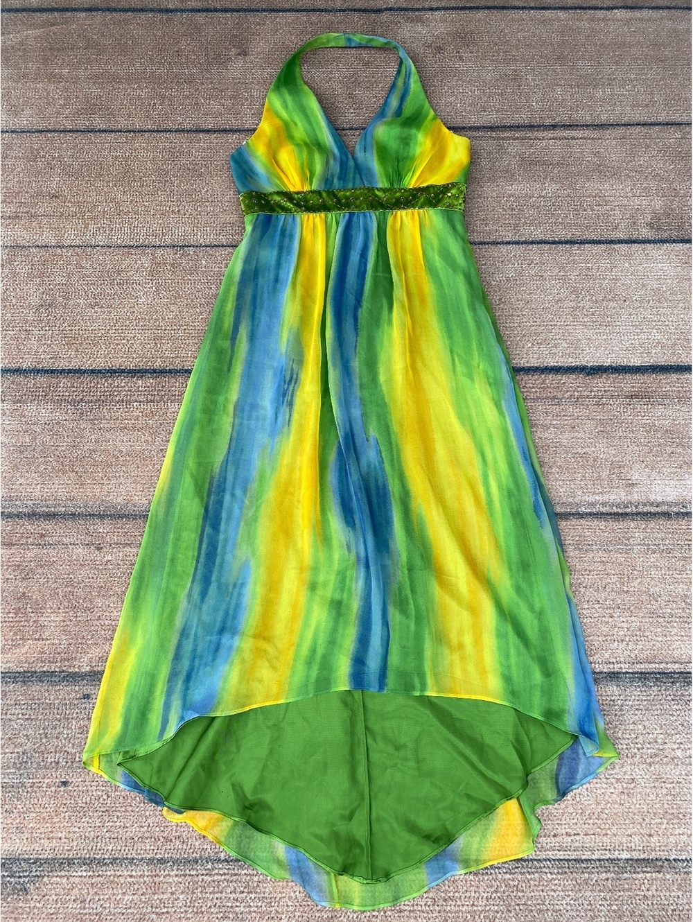 Laundry by Shelli Segal 100% silk halter hi-lo green blue yellow ombre dress Y2K